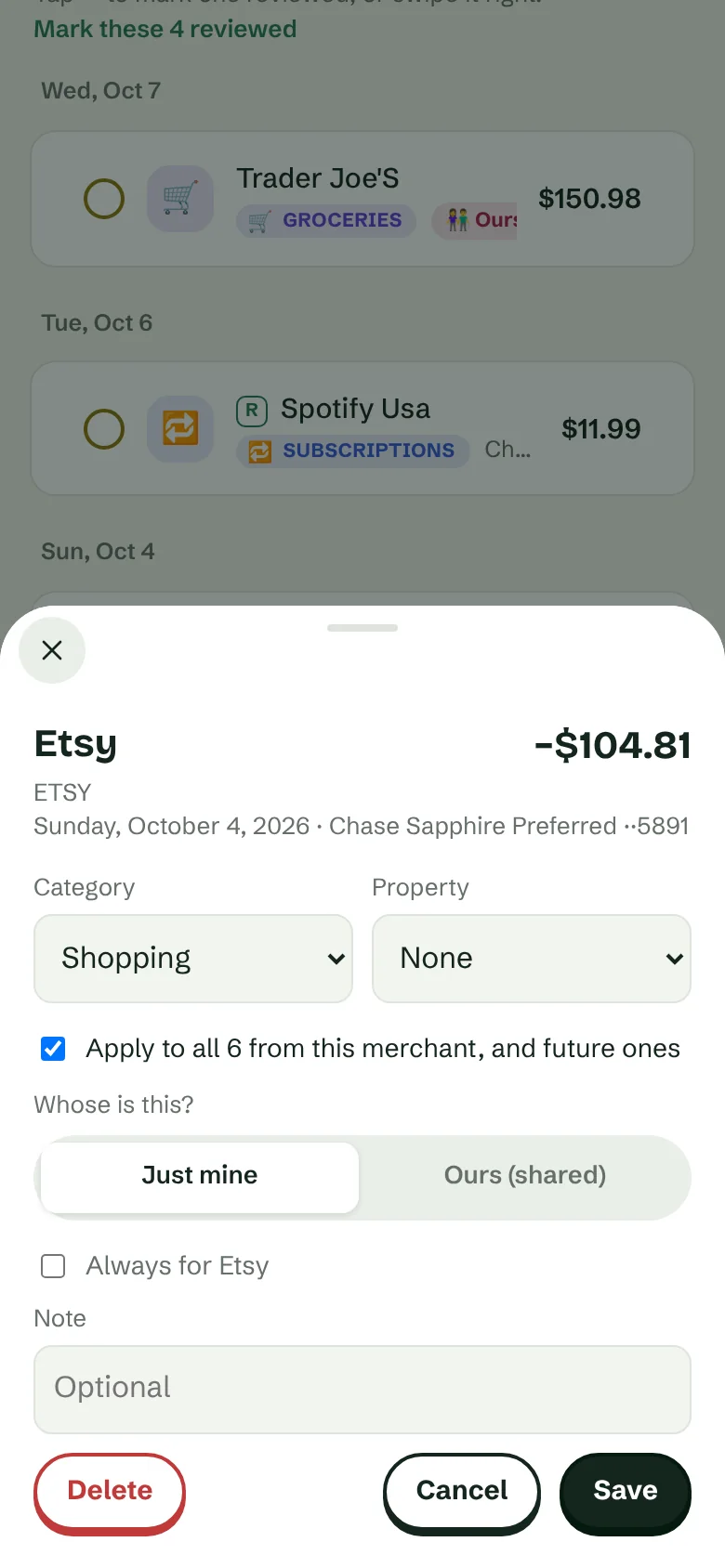 Editing a transaction